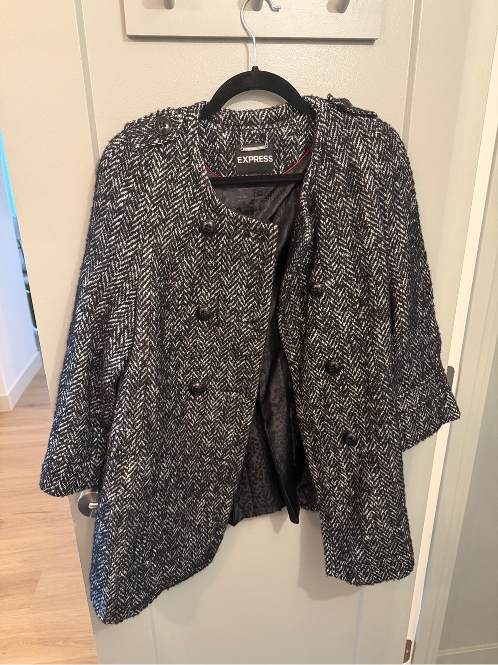 Express Black & White Herringbone Double-Breasted Pea Coat